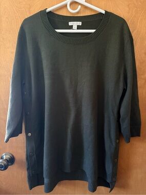New York & Company Olive Green Crewneck Sweater with Side Buttons